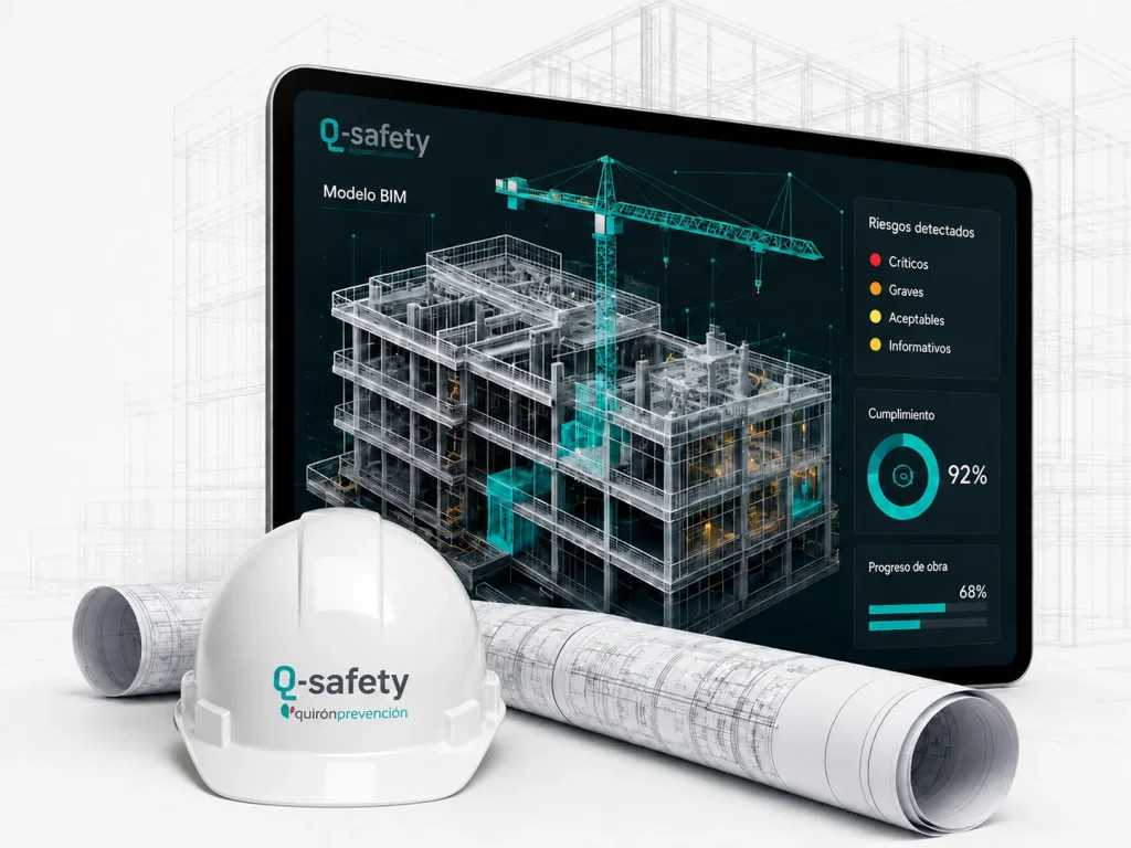 Modelo BIM de una obra de construcción con detección de riesgos de Seguridad y Salud, casco y planos de Q-safety